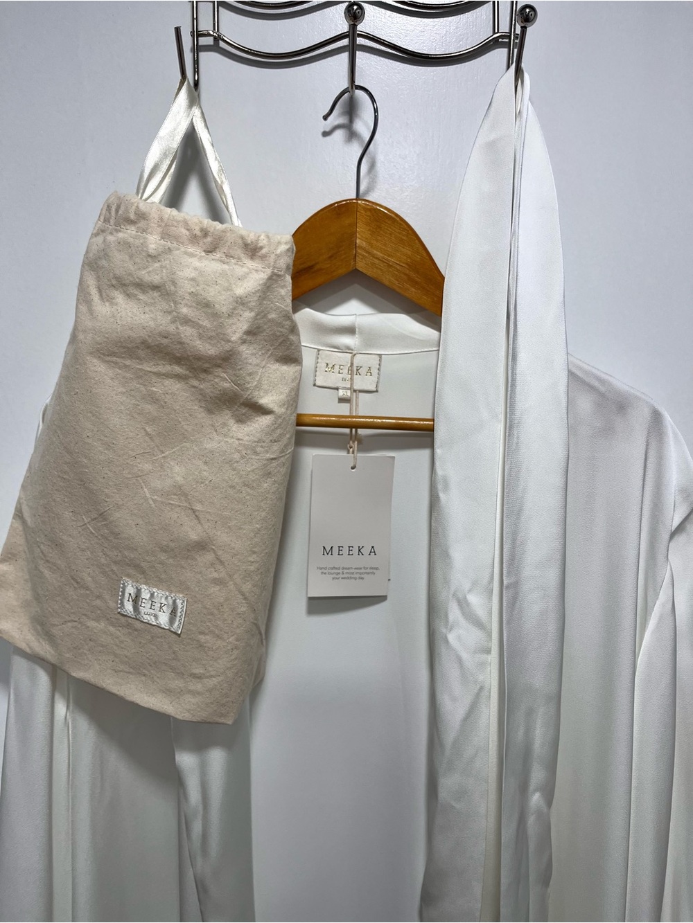 MEEKA  Amelia Silk Pearlescent White Maxi Satin Robe with Beige Drawstring Bag